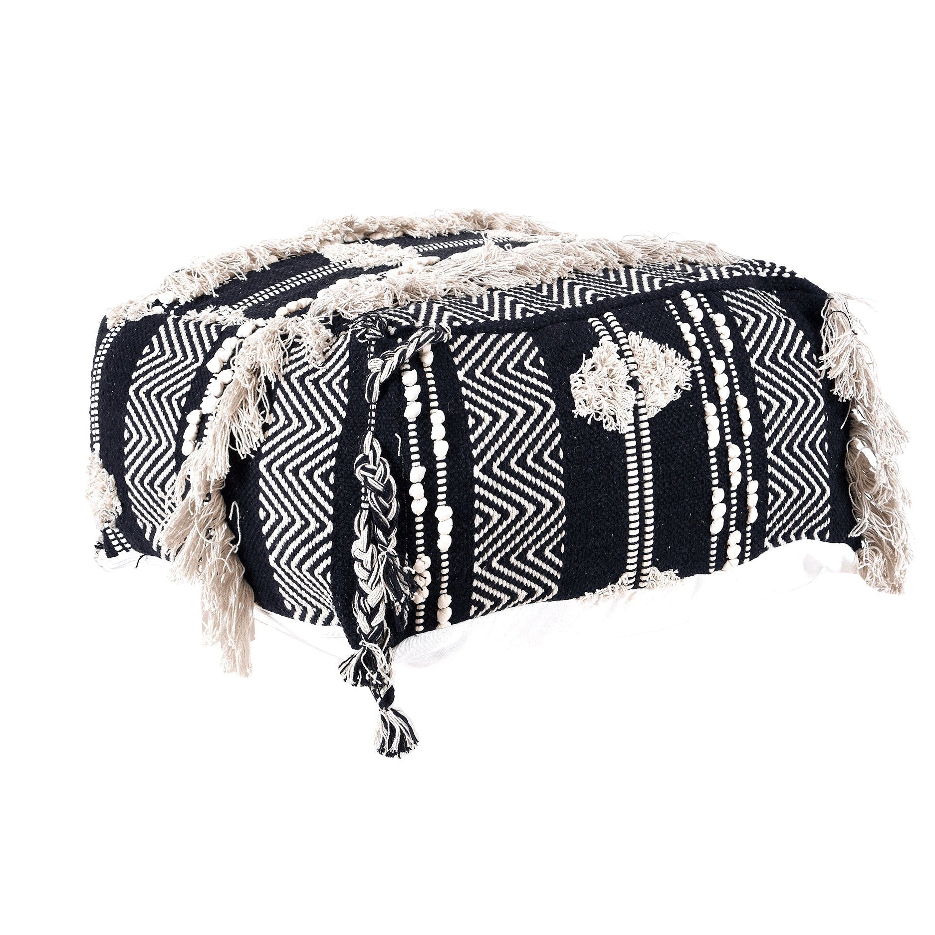 Black Tassel Moroccan Ottoman Cushion Cover