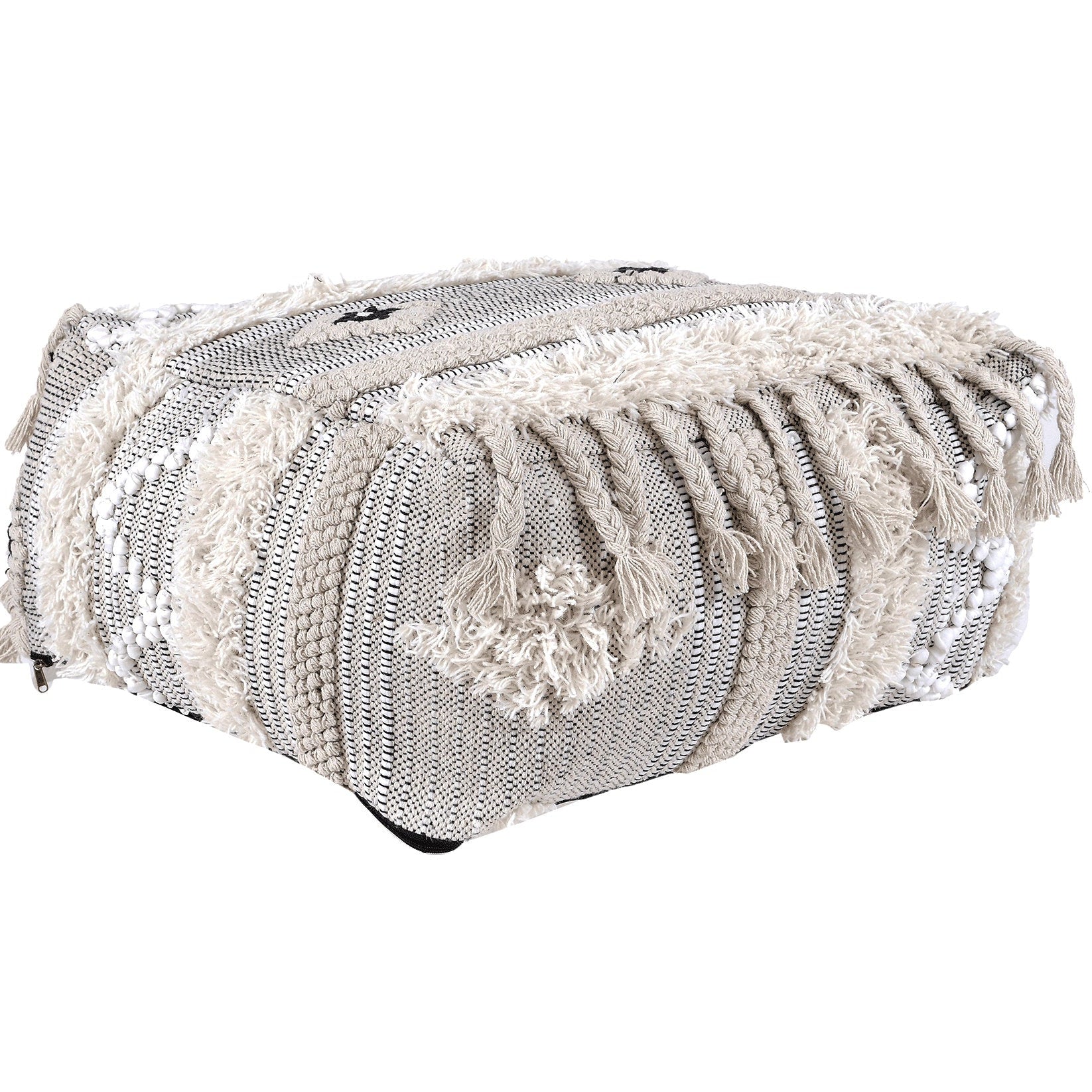 White Tassel Moroccan Ottoman Pouf - Footstool