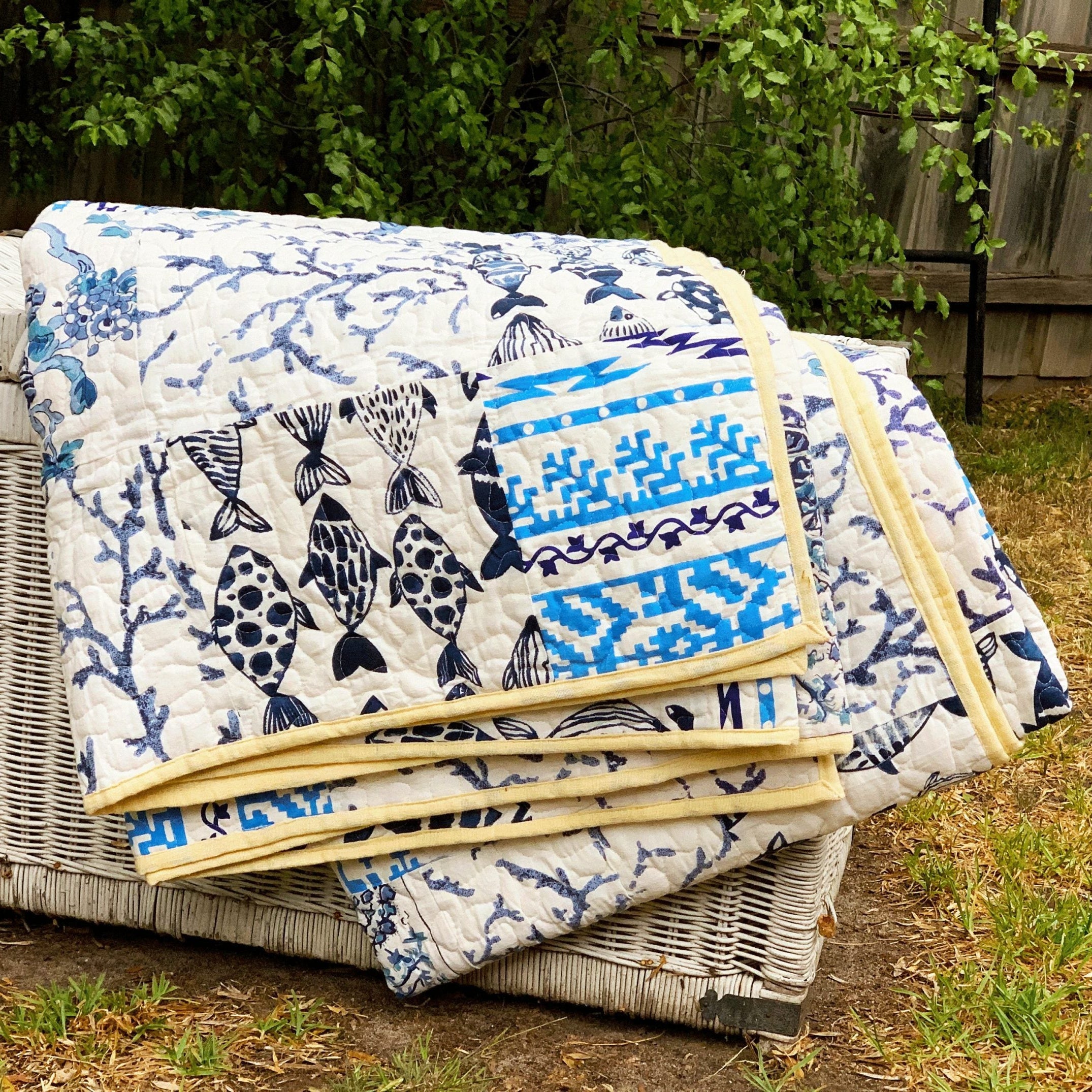 Fish Boho Kantha Quilt Blanket - Artistic Design