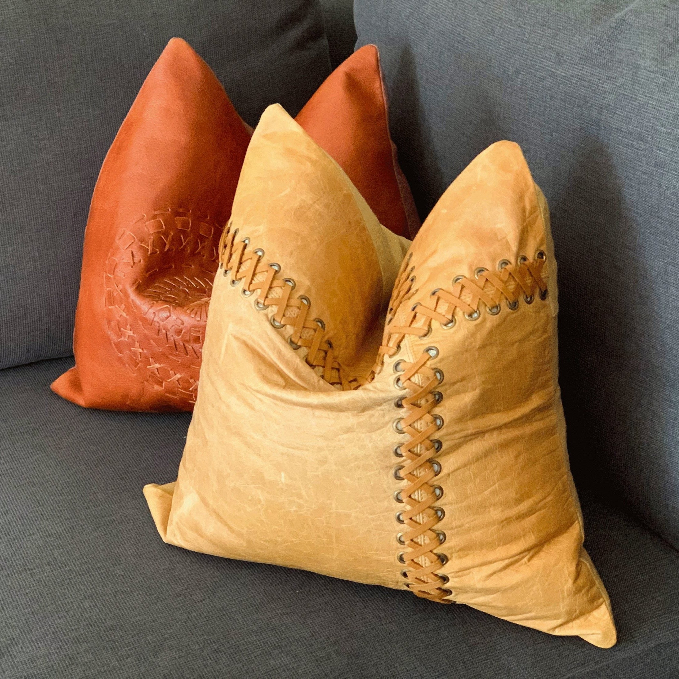 Tan Leather Cushion Cover - Orange Leather Accent