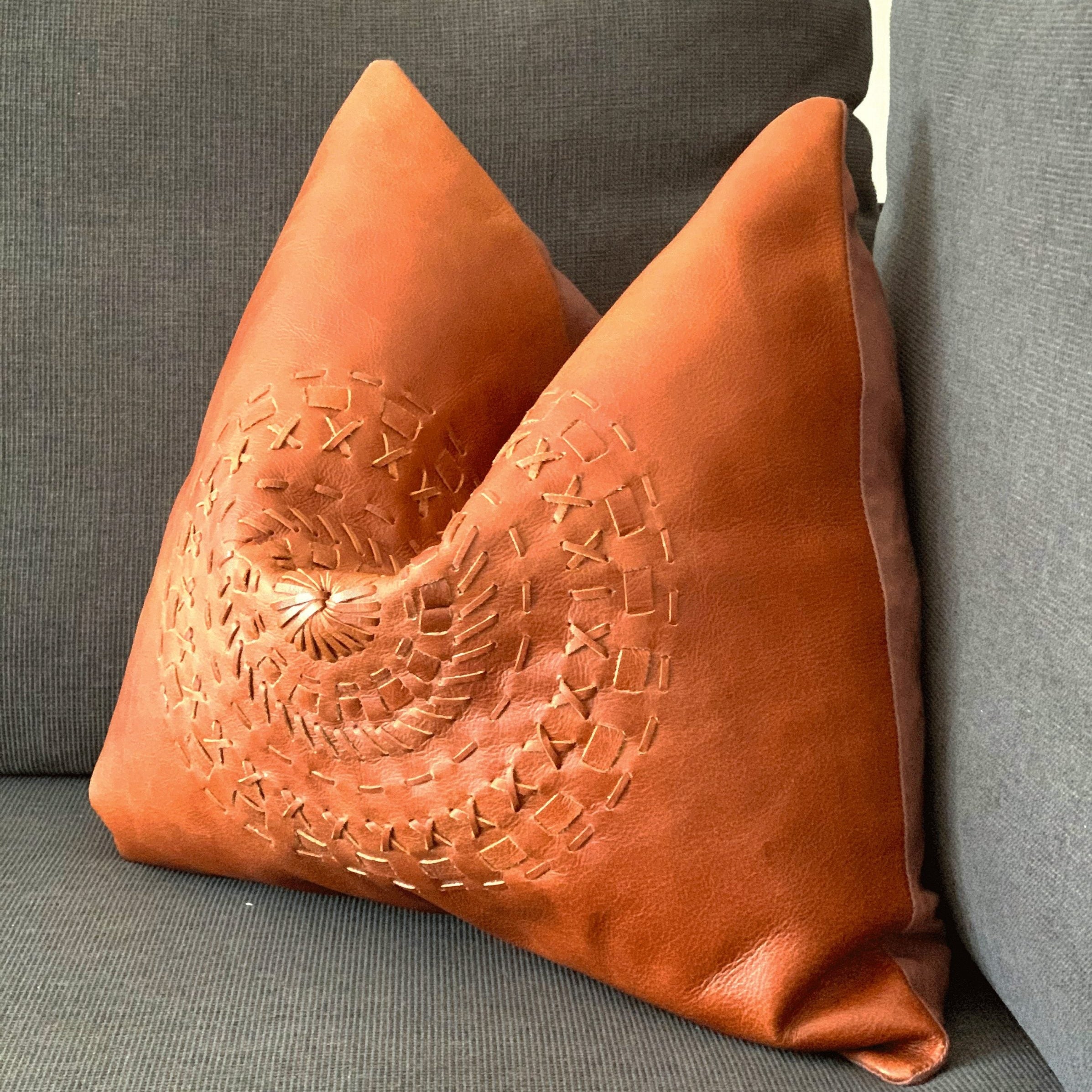 Tan Leather Cushion Cover - Orange Leather Accent