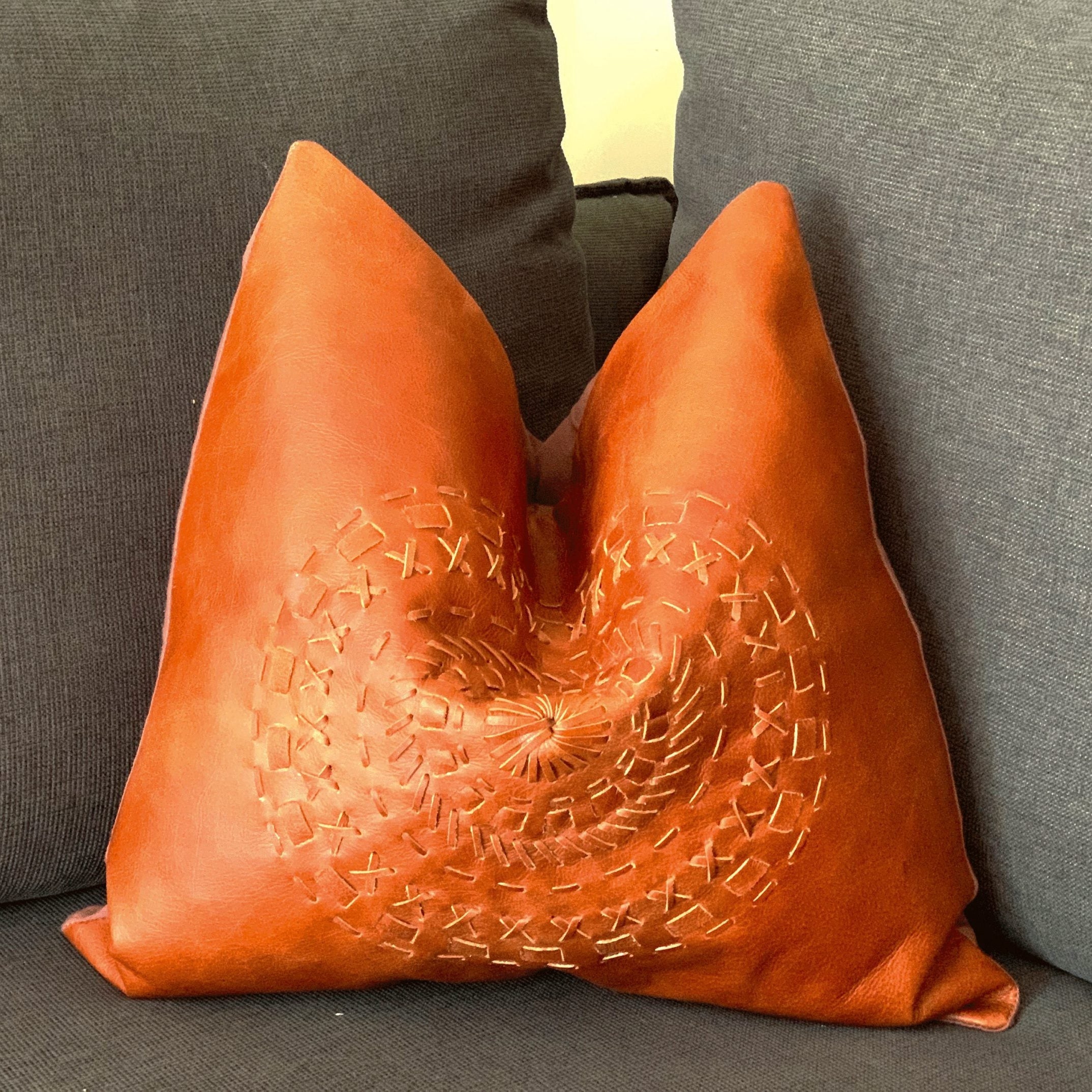 Tan Leather Cushion Cover - Orange Leather Accent