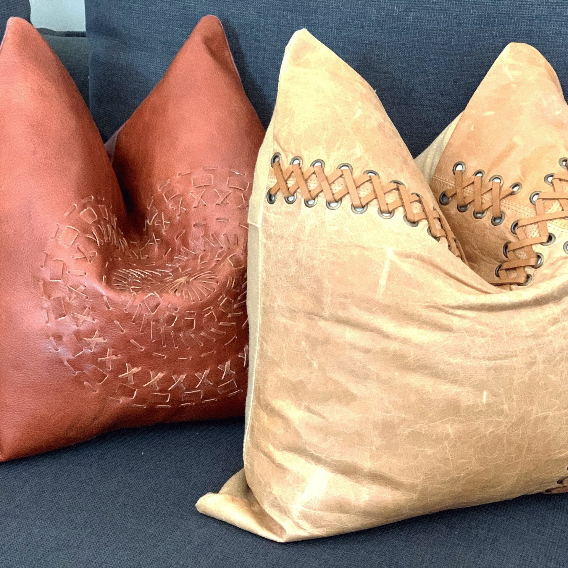 Tan Leather Cushion Cover - Orange Leather Accent