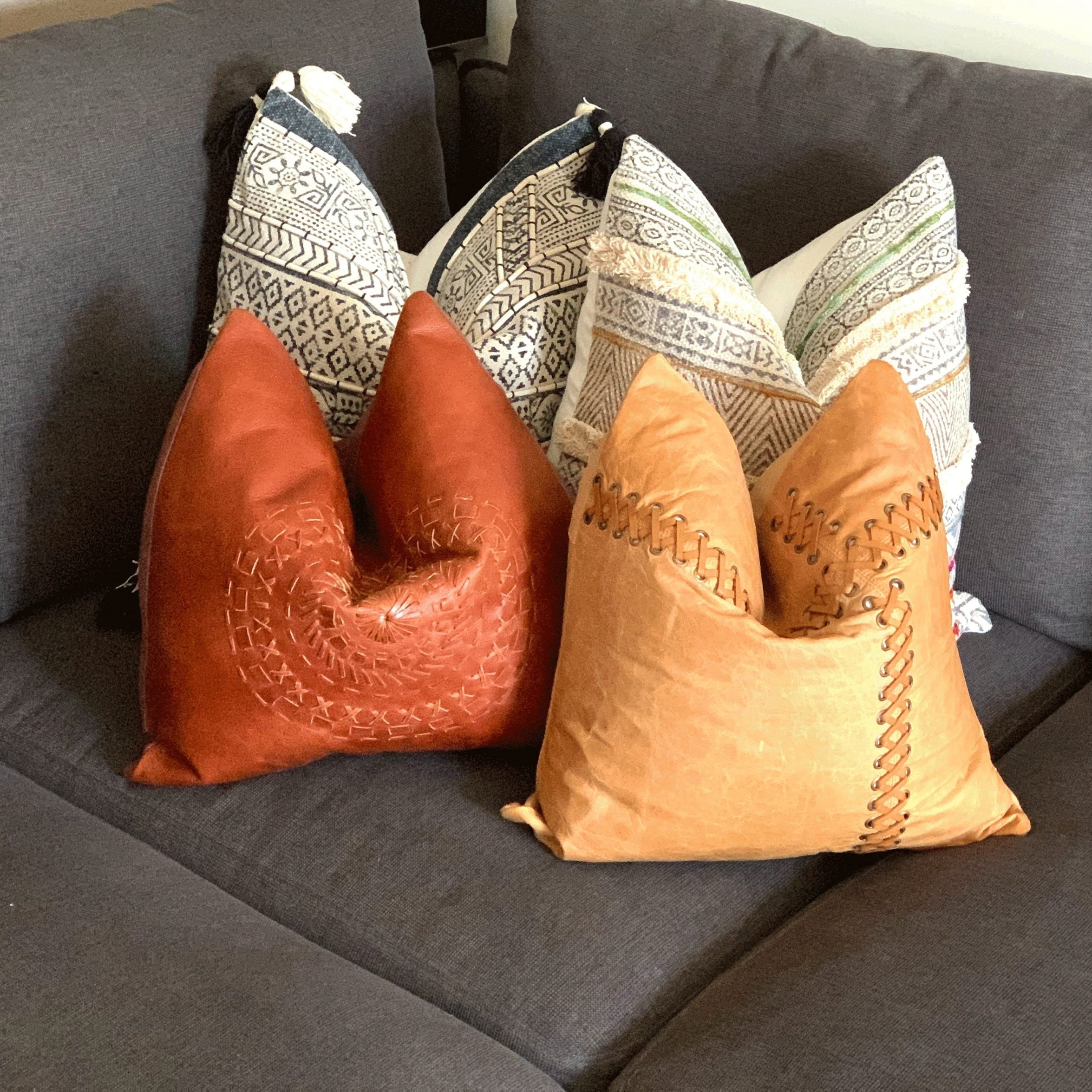 Tan Leather Cushion Cover - Orange Leather Accent