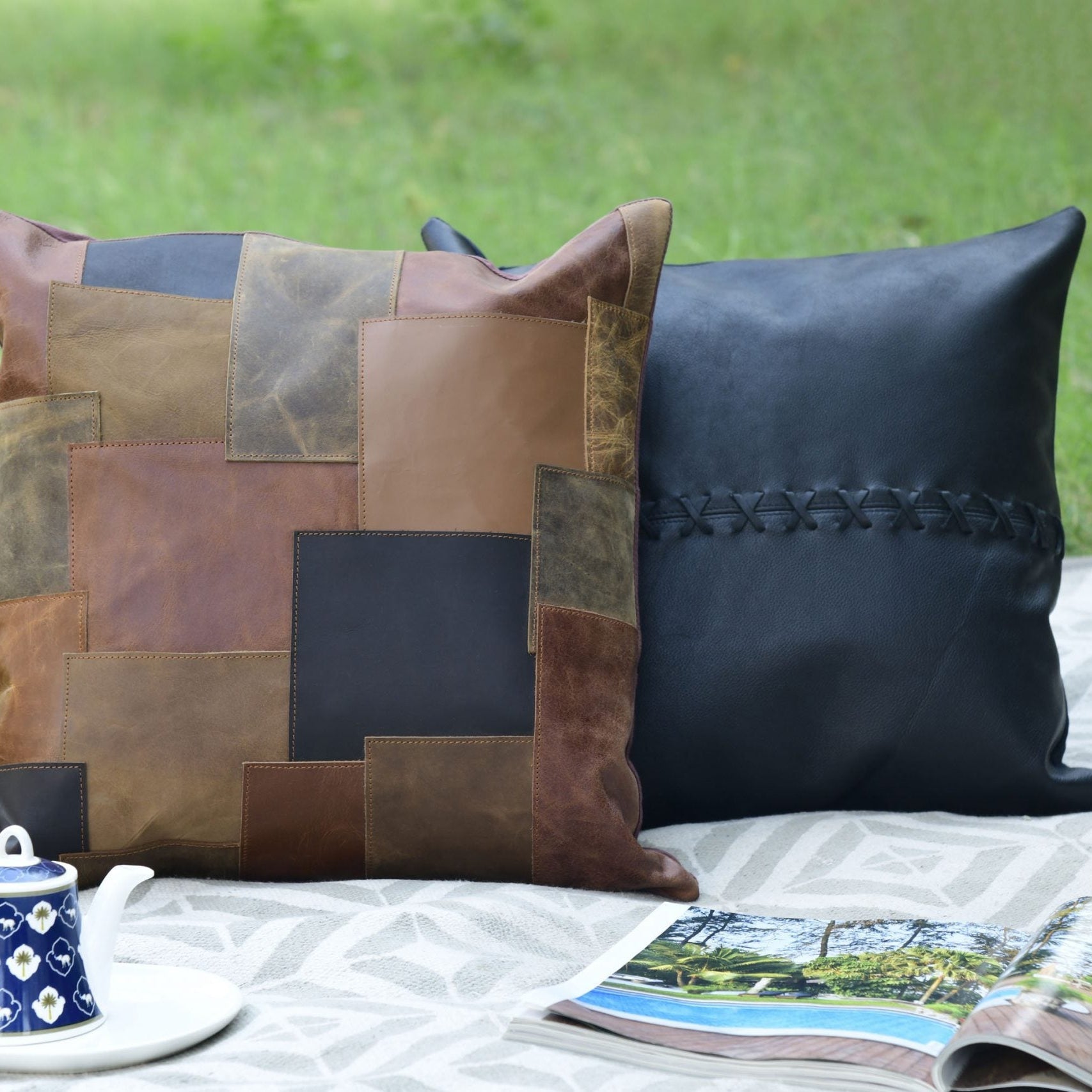 Tan Leather Cushion Cover - Mixed Patches for Style