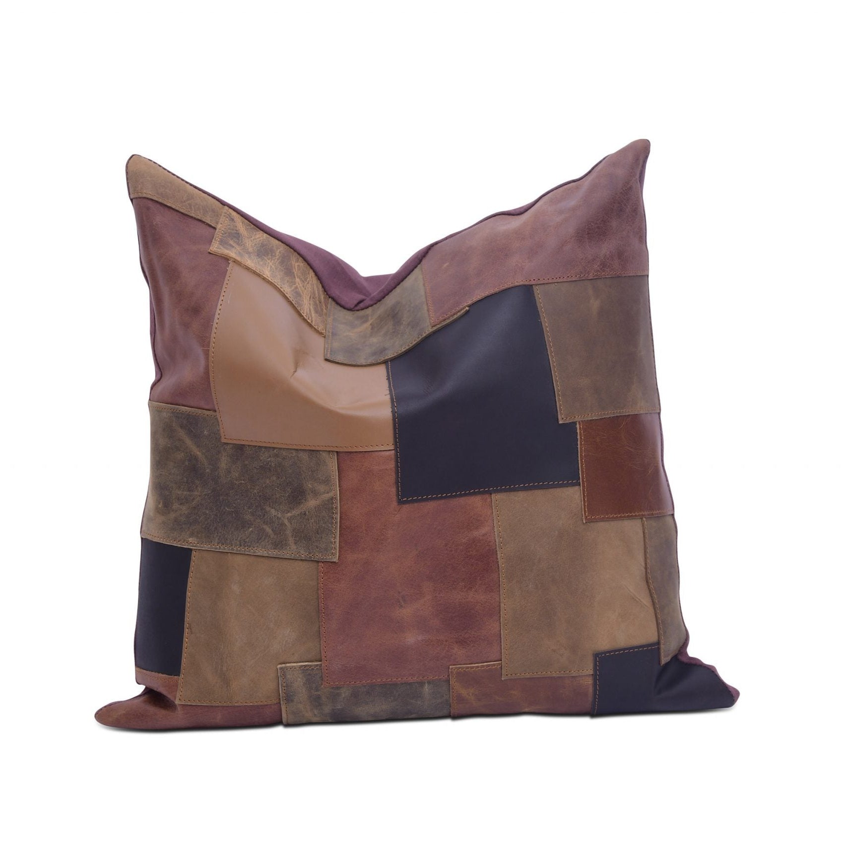 Tan Leather Cushion Cover - Mixed Patches for Style