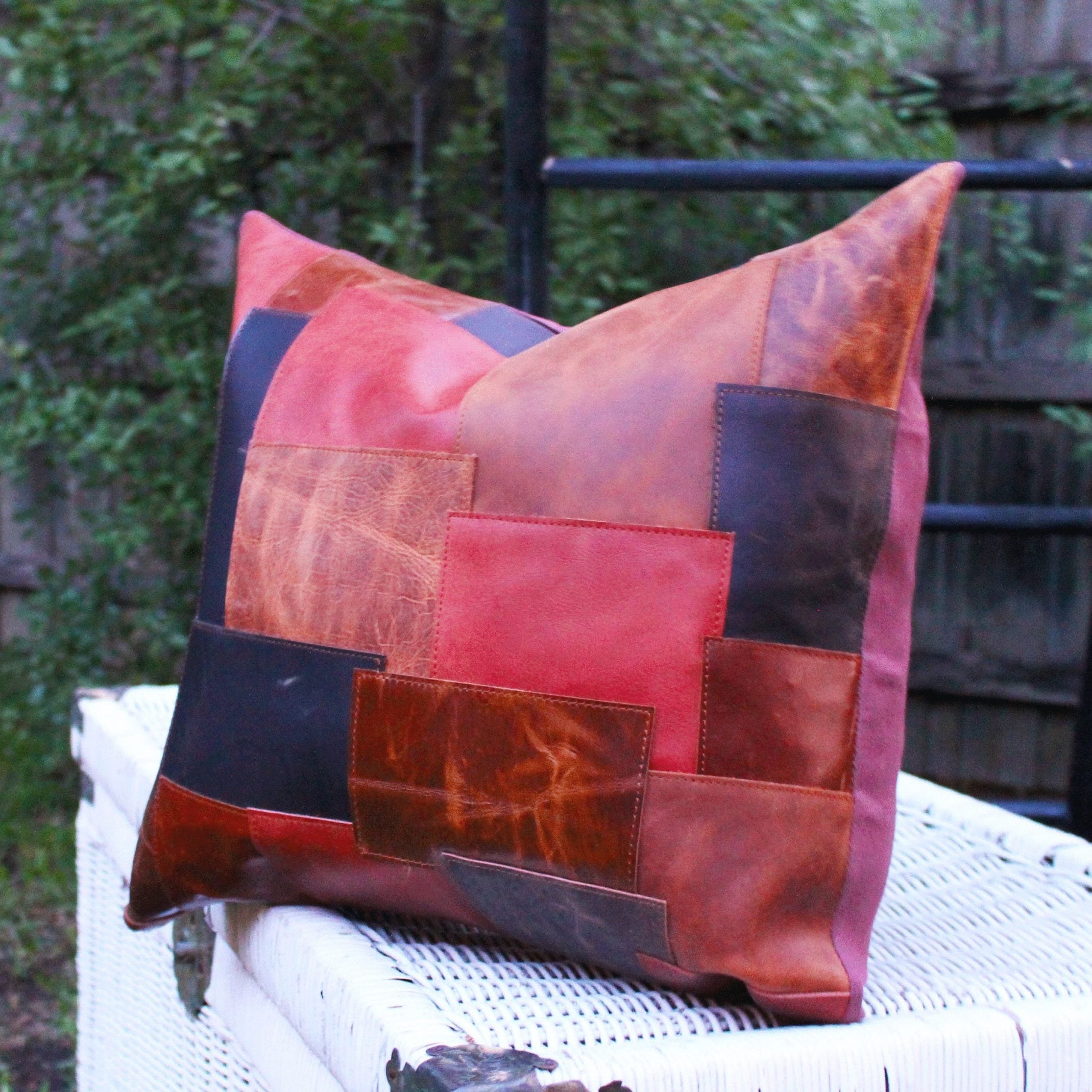 Tan Leather Cushion Cover Block Print