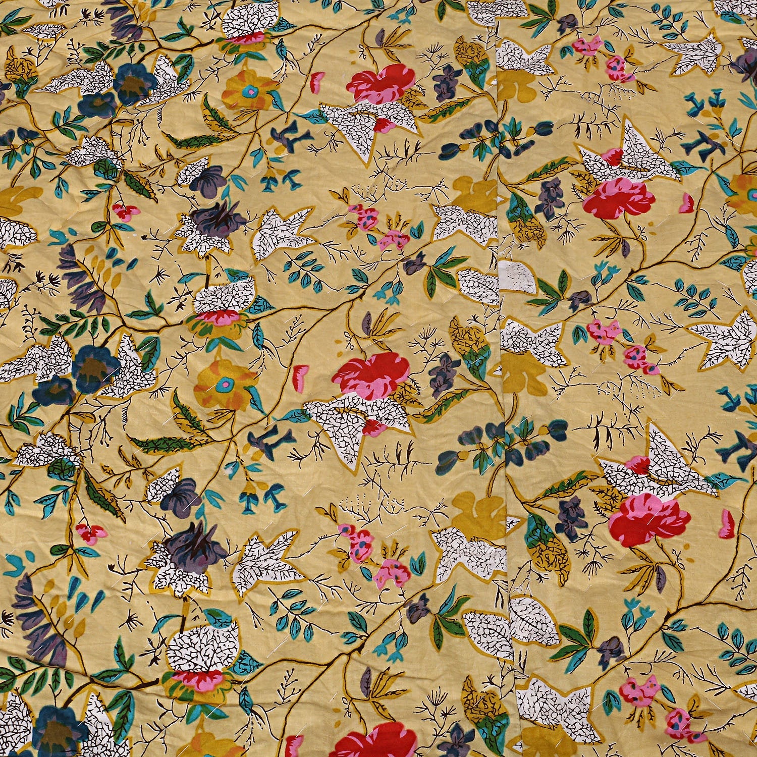 Kantha Quilt Blanket - Yellow Bird Pattern