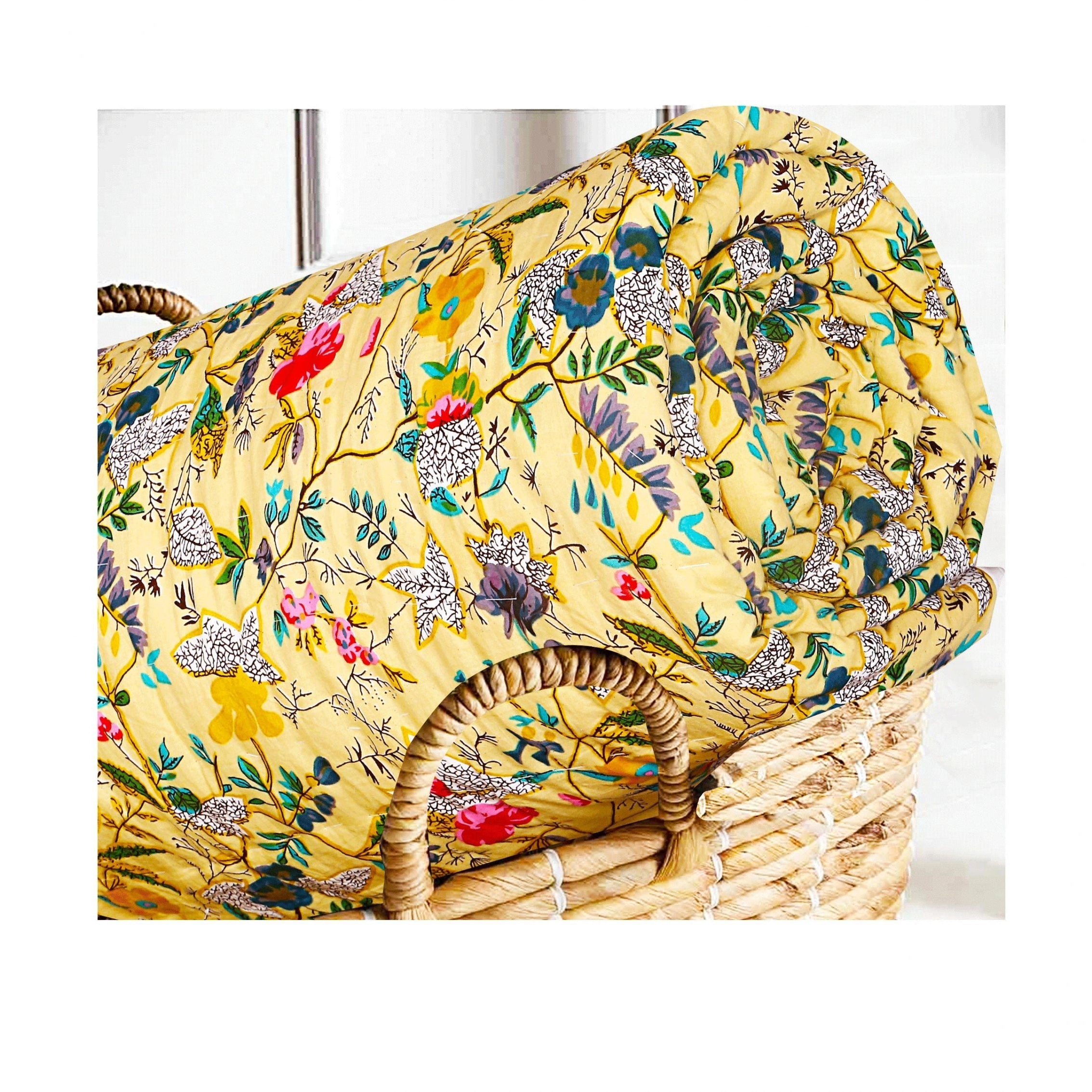 Kantha Quilt Blanket - Yellow Bird Pattern