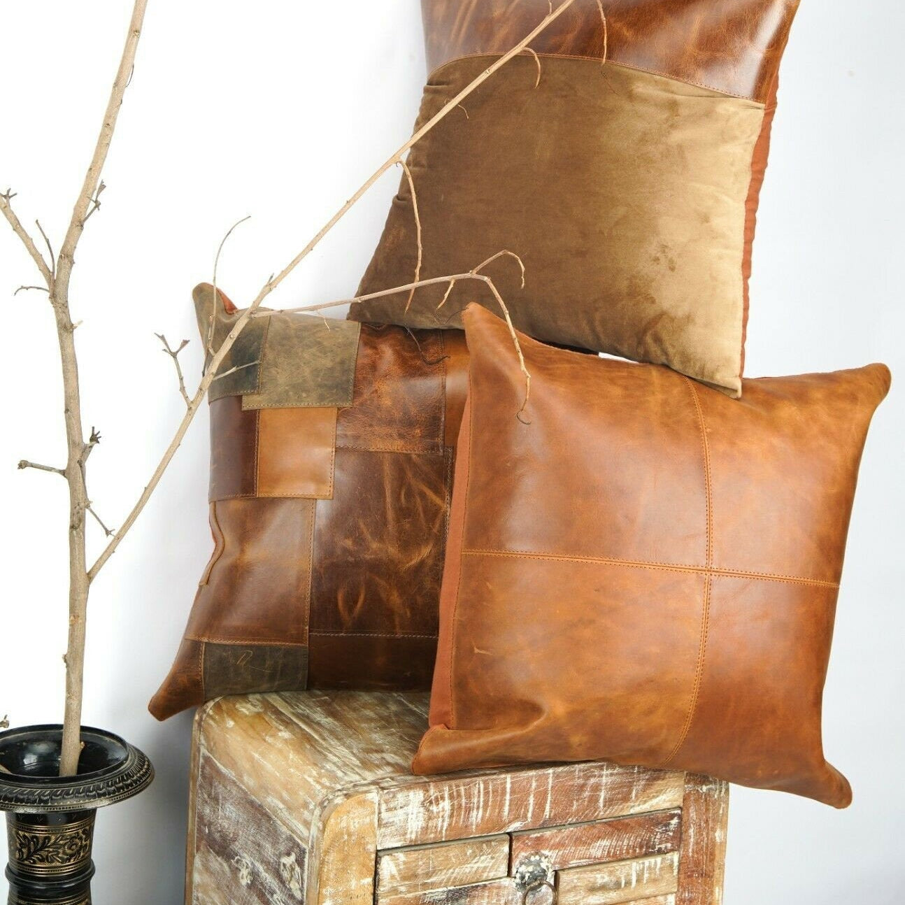 Tan Leather Cushion Cover - Brown, Luxurious Look