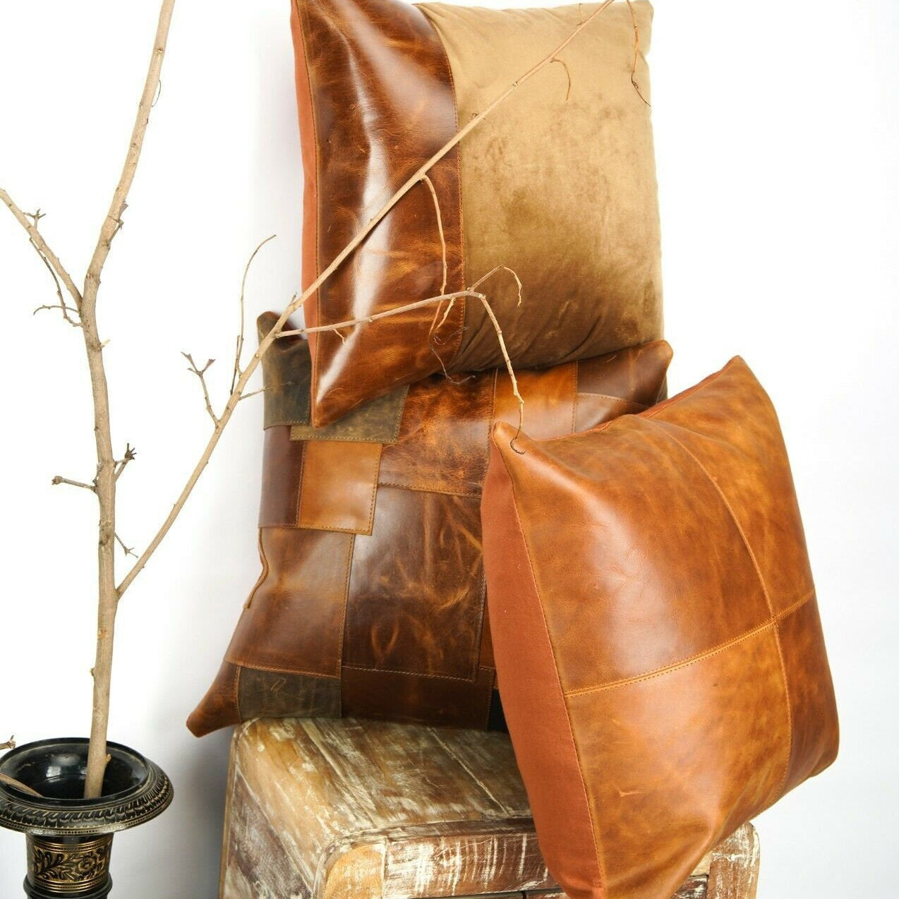 Tan Leather Cushion Cover - Brown, Luxurious Look