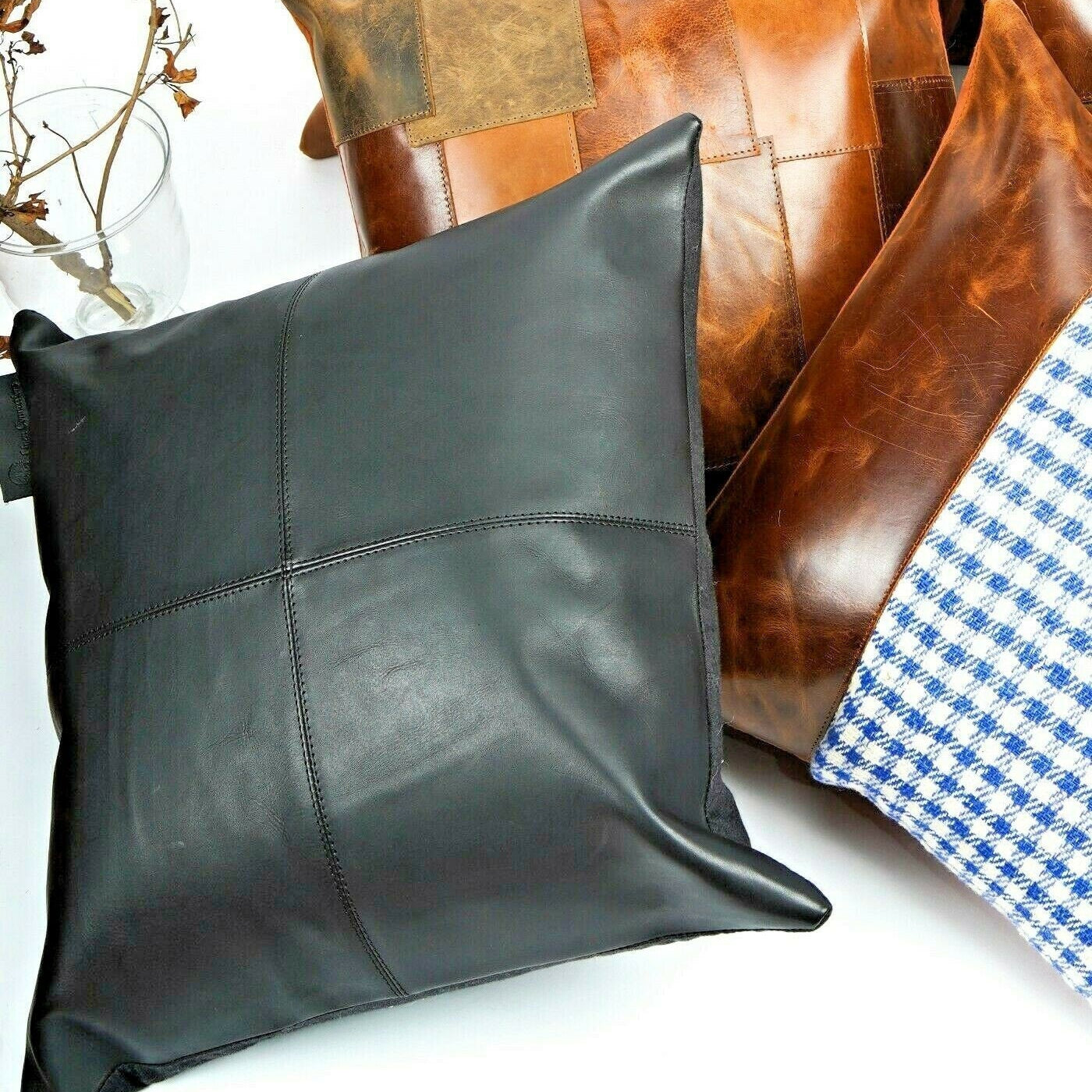 Tan Leather Cushion Cover - Black Twist Design