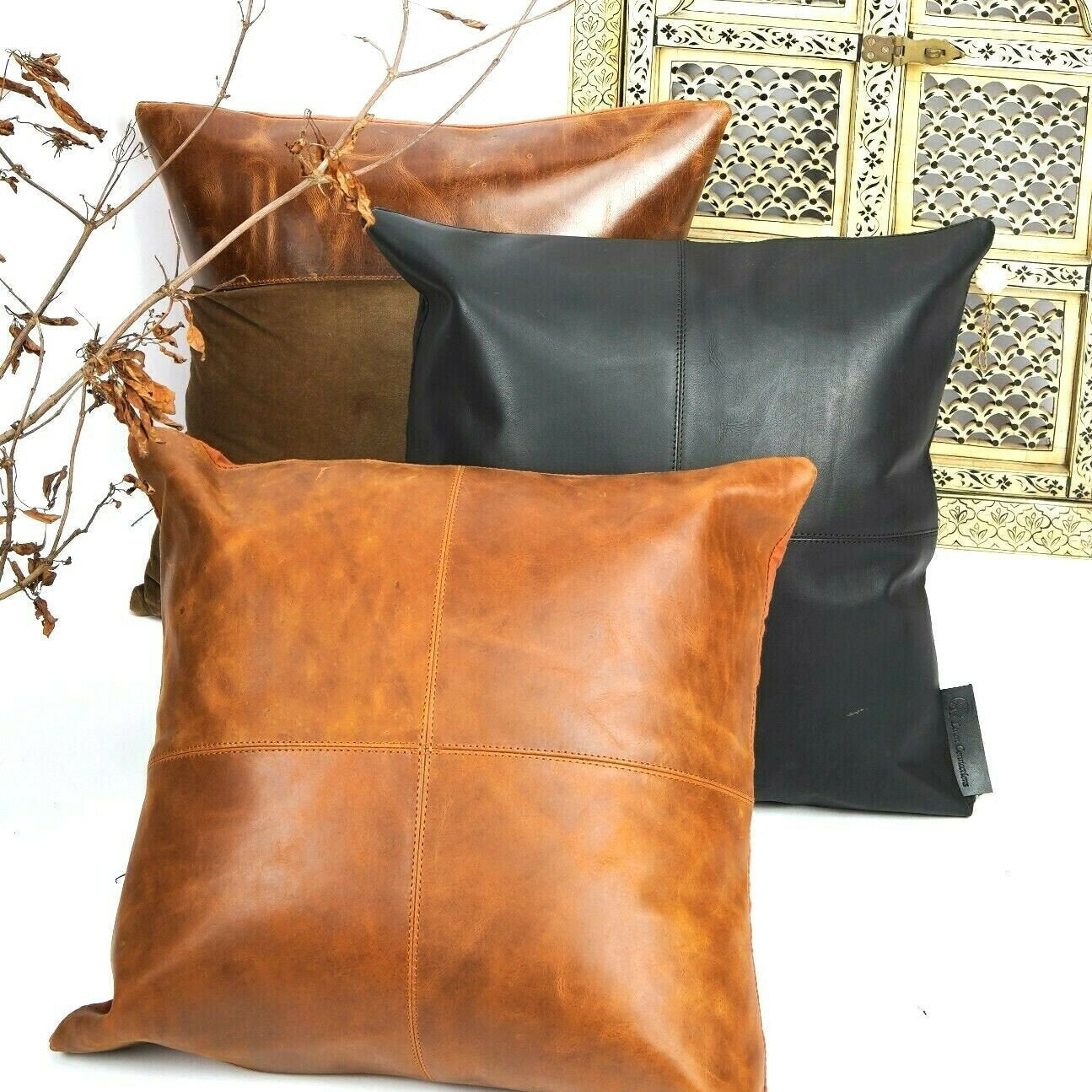 Tan Leather Cushion Cover - Brown, Luxurious Look