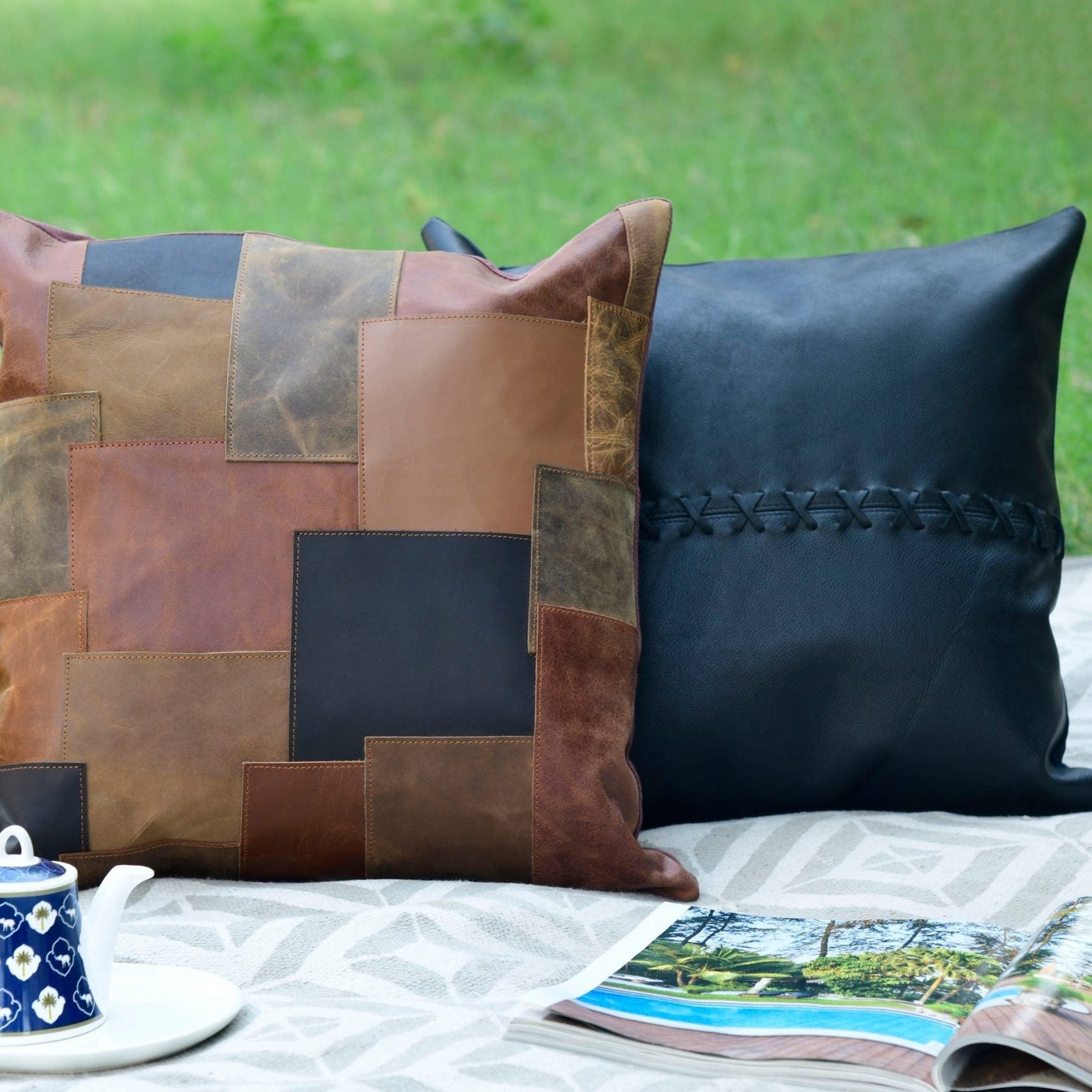 Tan Leather Cushion Cover - Blue Crosses Pattern