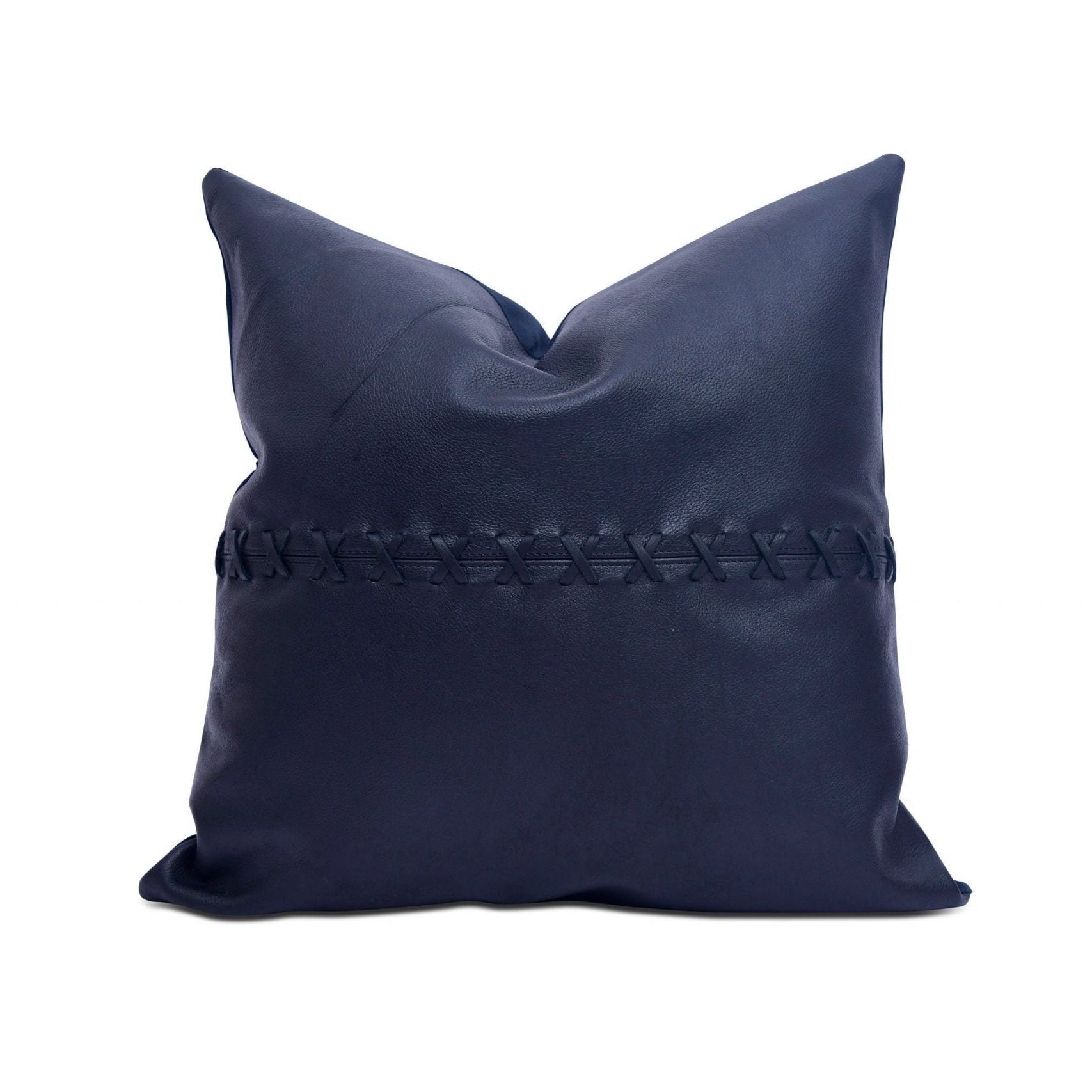 Tan Leather Cushion Cover - Blue Crosses Pattern