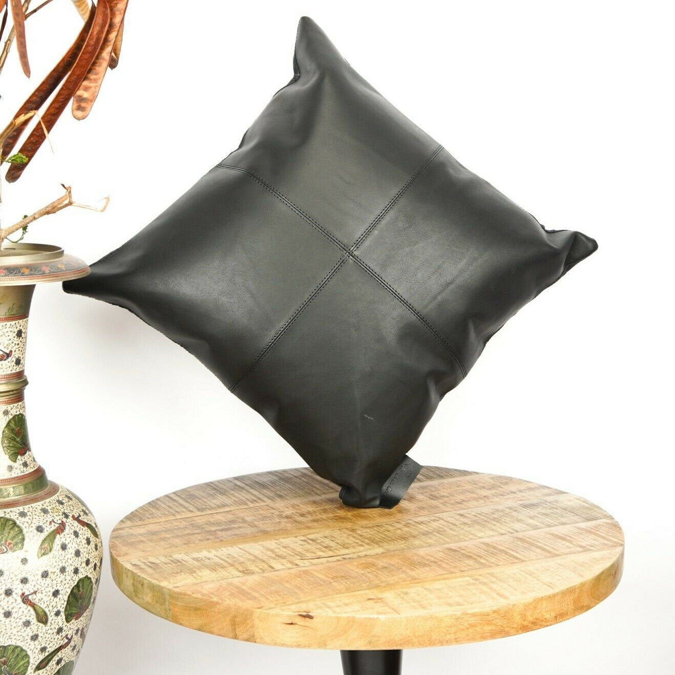 Tan Leather Cushion Cover - Black Twist Design