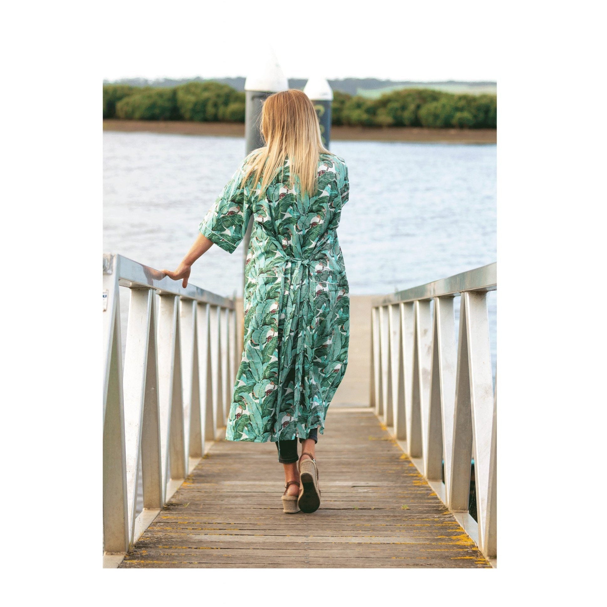 'Green Bananas' Women’s Cotton Kimono Robe