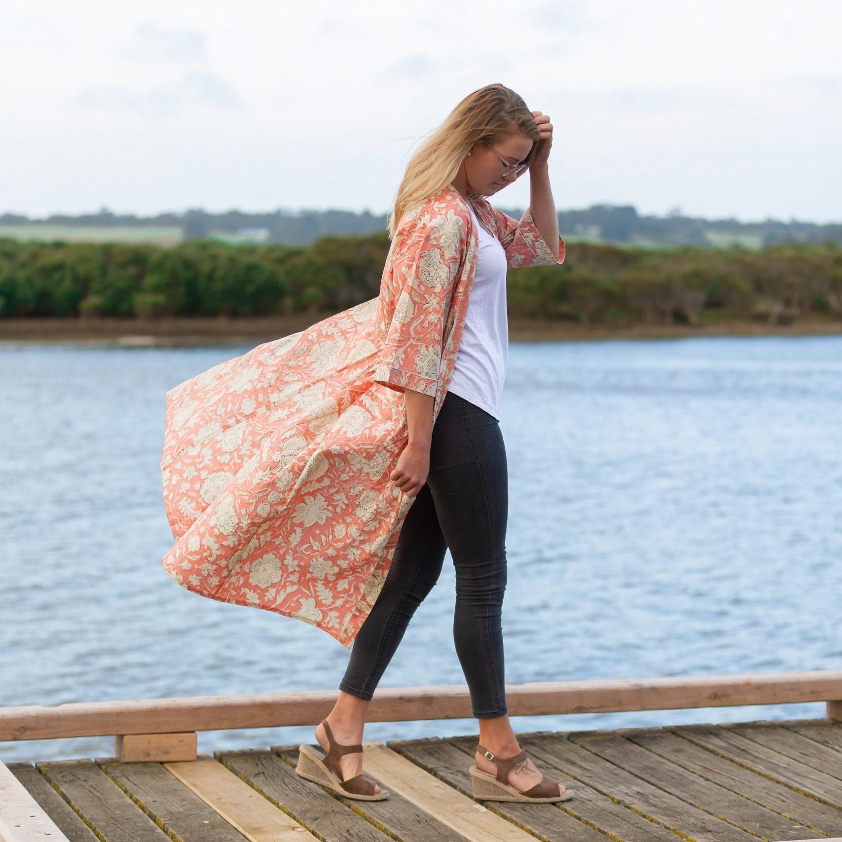 'Pink Spring' Women’s Cotton Kimono Robe - Floral