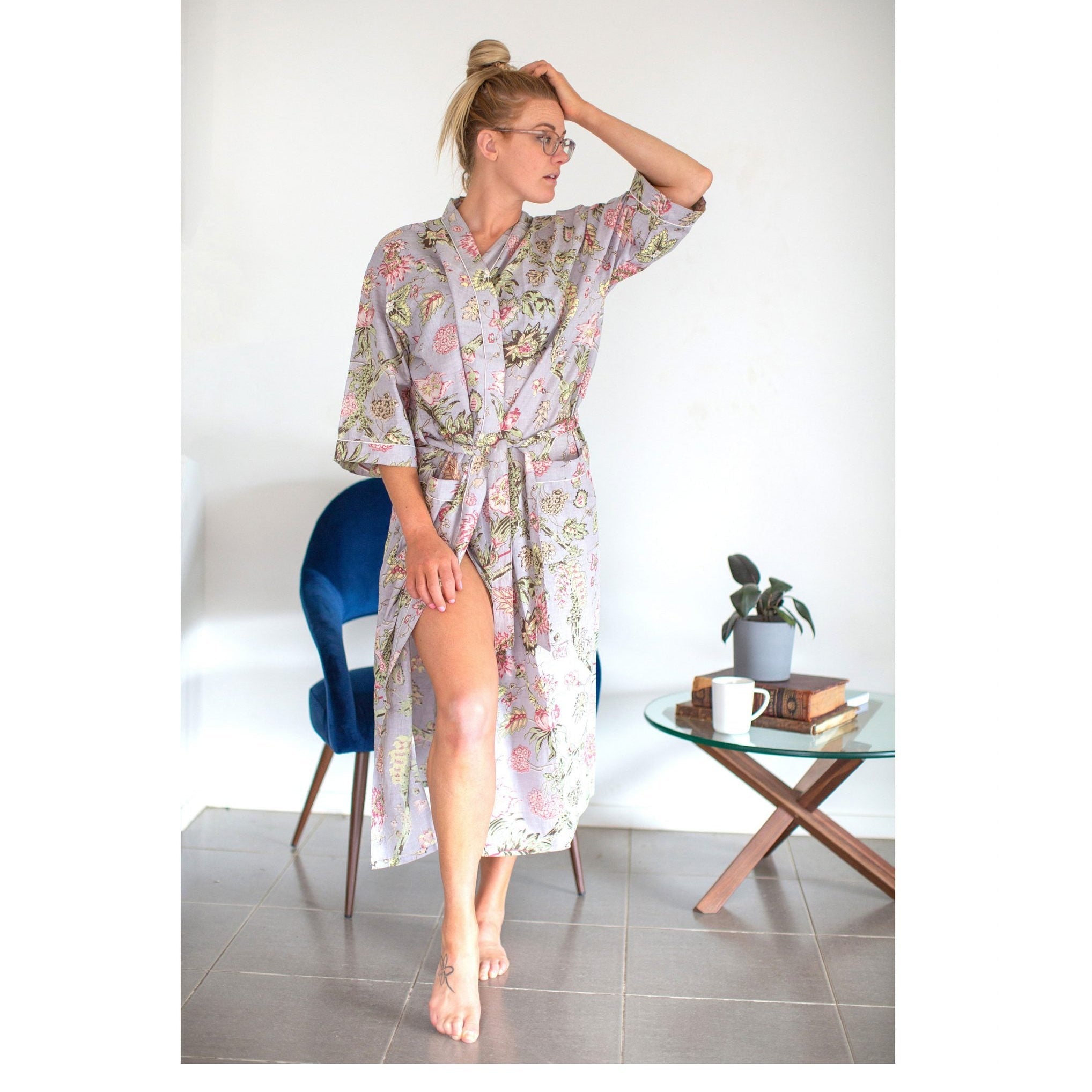 'Grey Magnificient' Women’s Cotton Kimono Robe