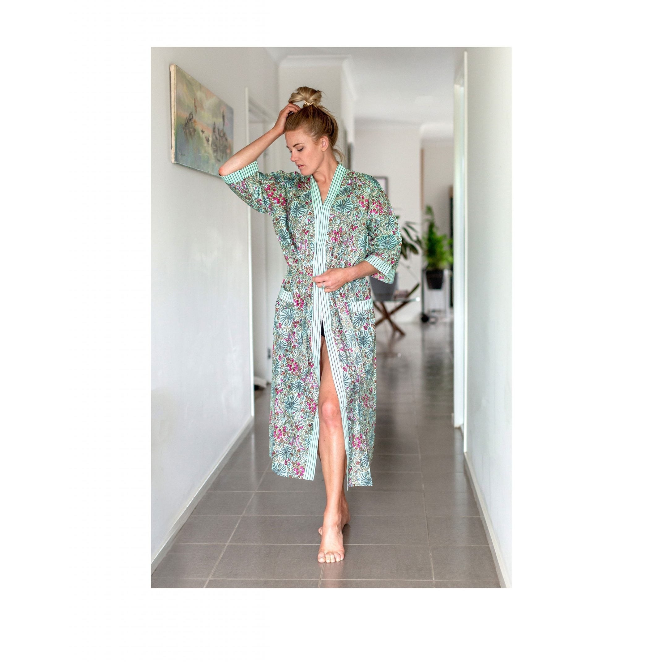 'Verdant Escape' Women’s Cotton Kimono Robe - Fresh