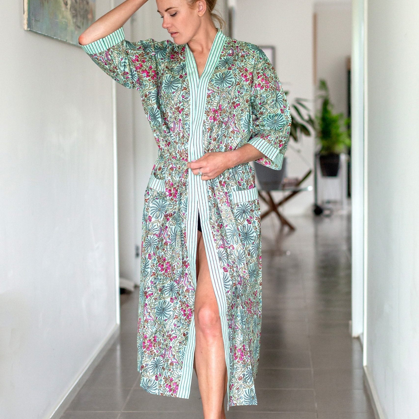 'Verdant Escape' Women’s Cotton Kimono Robe - Fresh