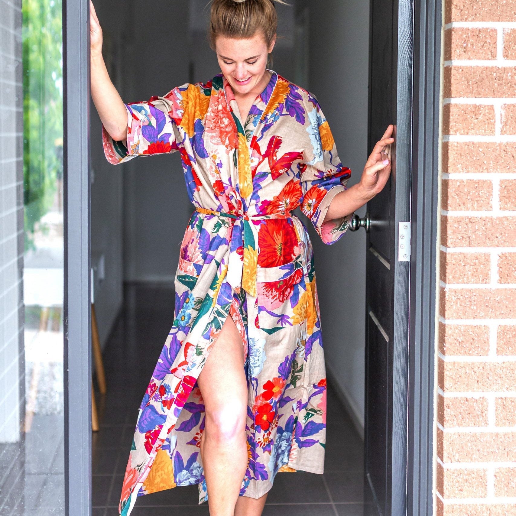 'Beige Paradise' Women’s Cotton Kimono Robe - Classic