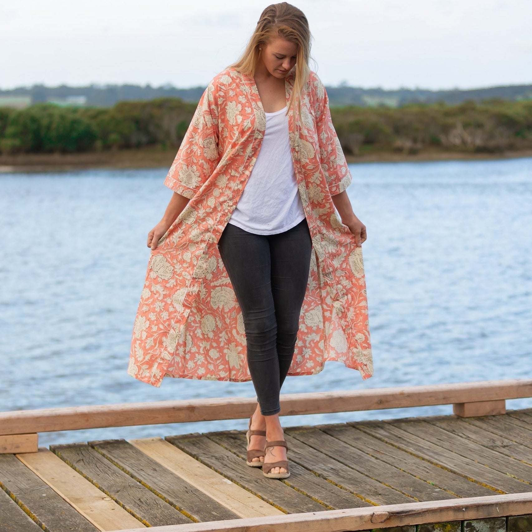 'Pink Spring' Women’s Cotton Kimono Robe - Floral