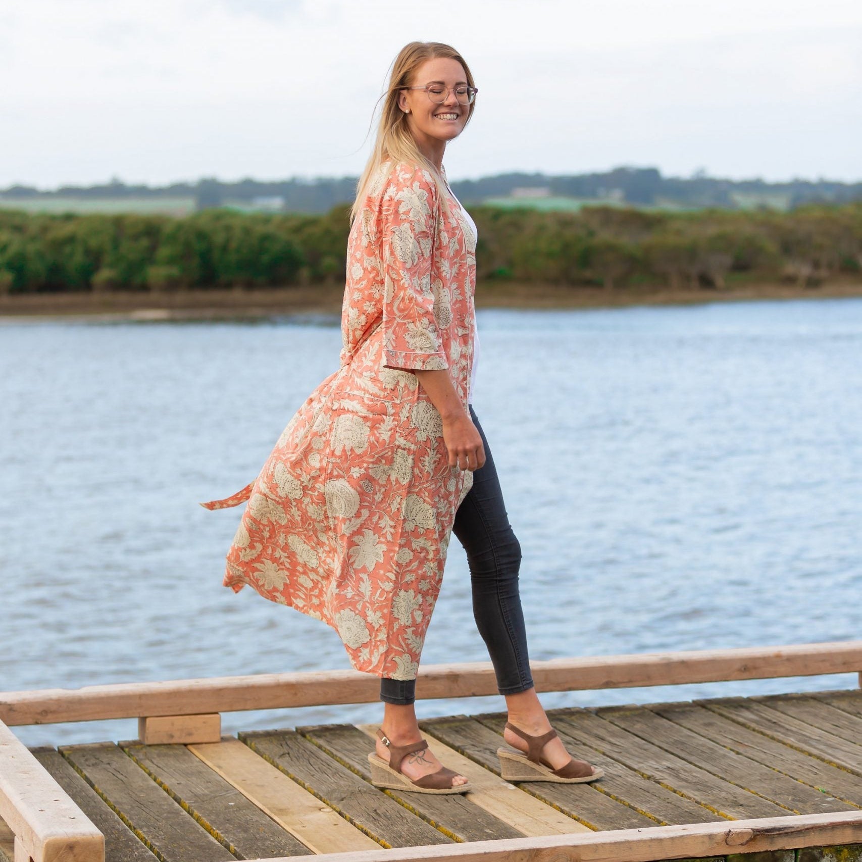 'Pink Spring' Women’s Cotton Kimono Robe - Floral