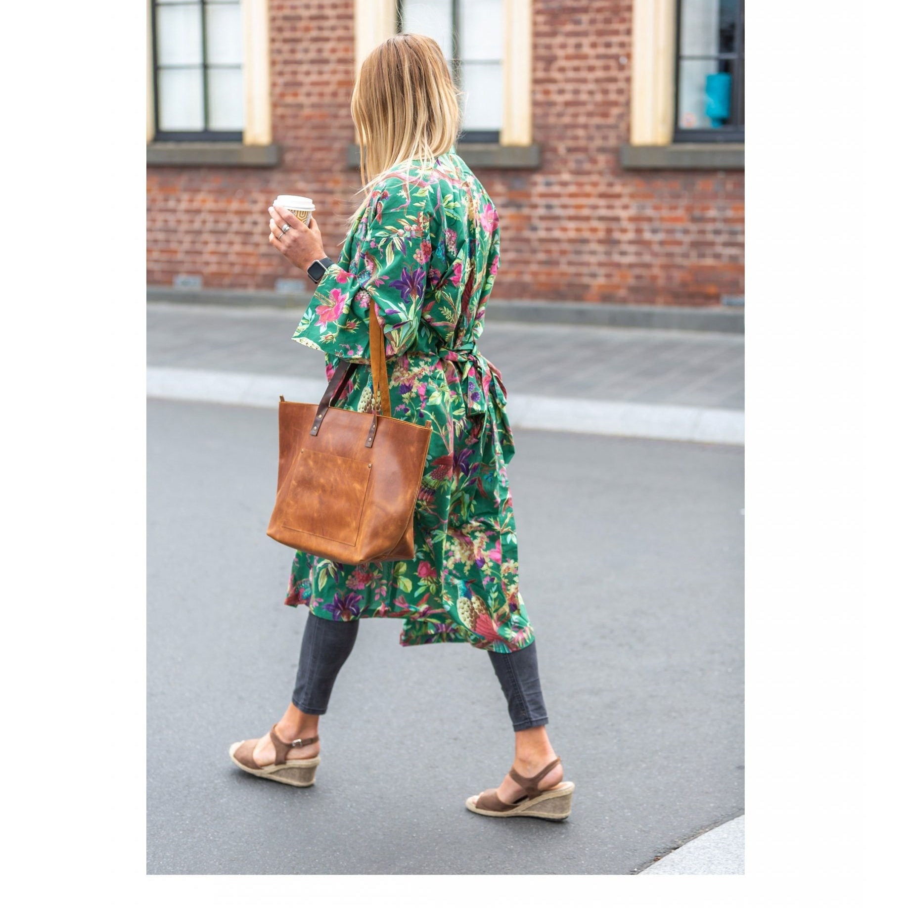 'Emerald Blossoms' Women’s Cotton Kimono Robe