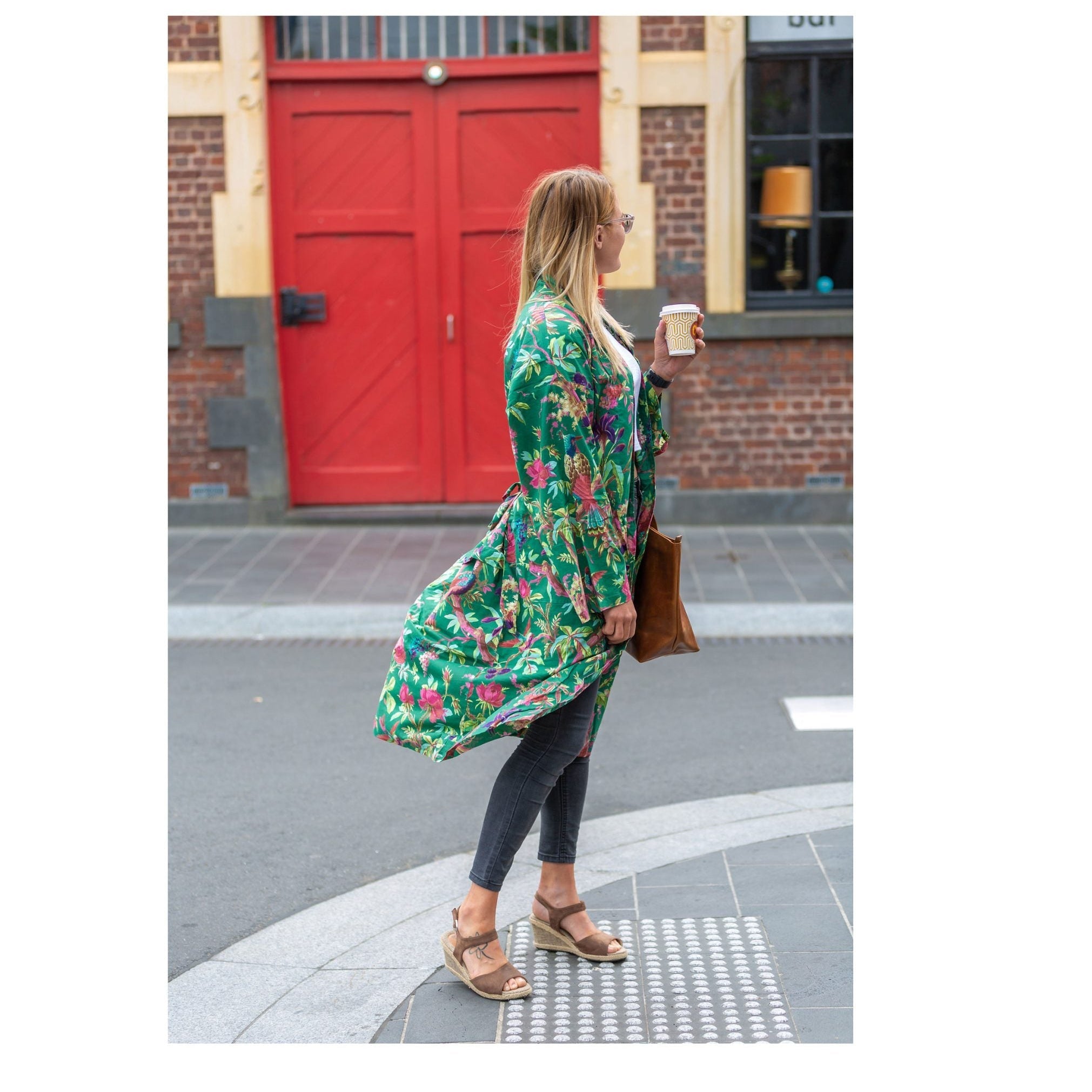 'Emerald Blossoms' Women’s Cotton Kimono Robe