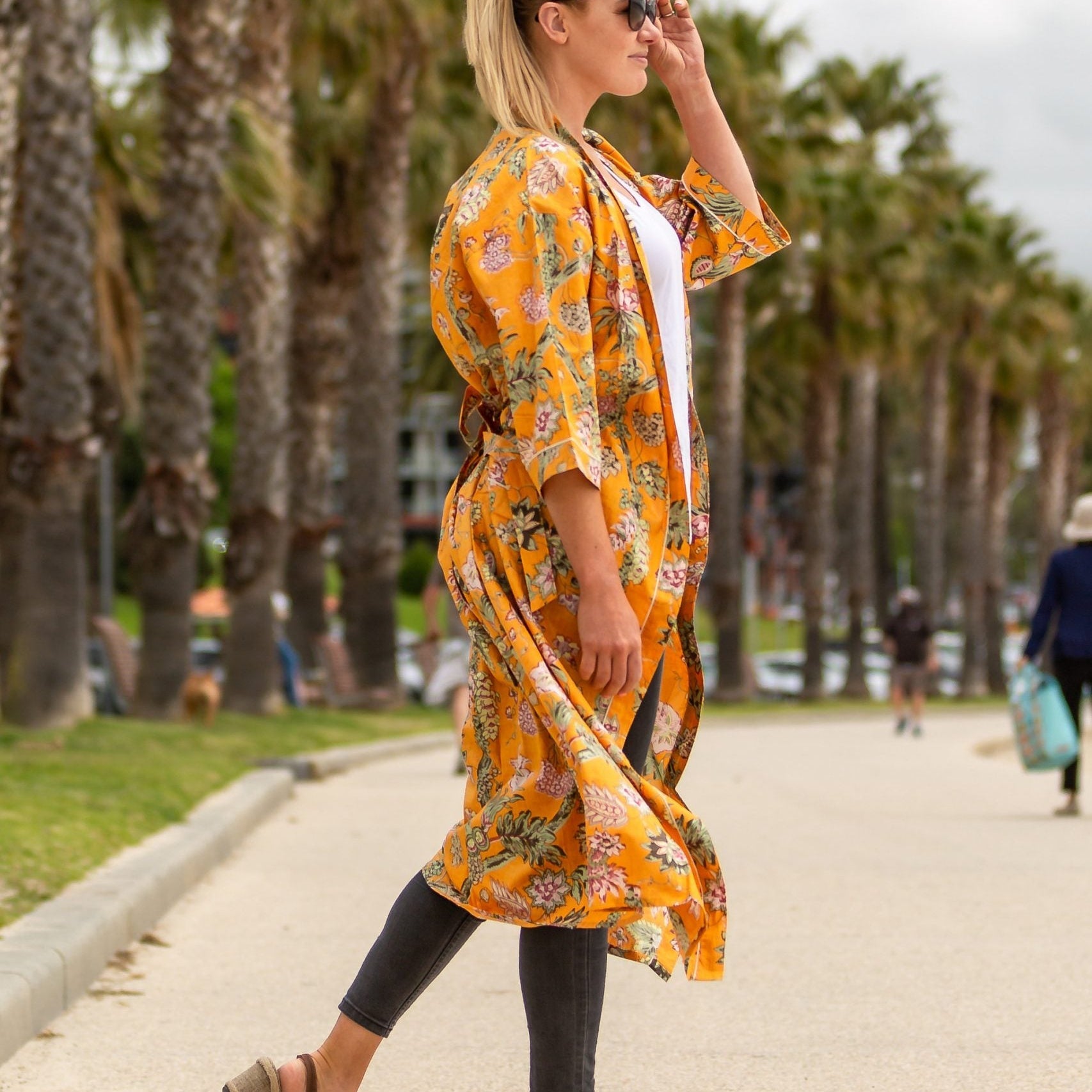 'Mustard Haze' Women’s Cotton Kimono Robe - Unique