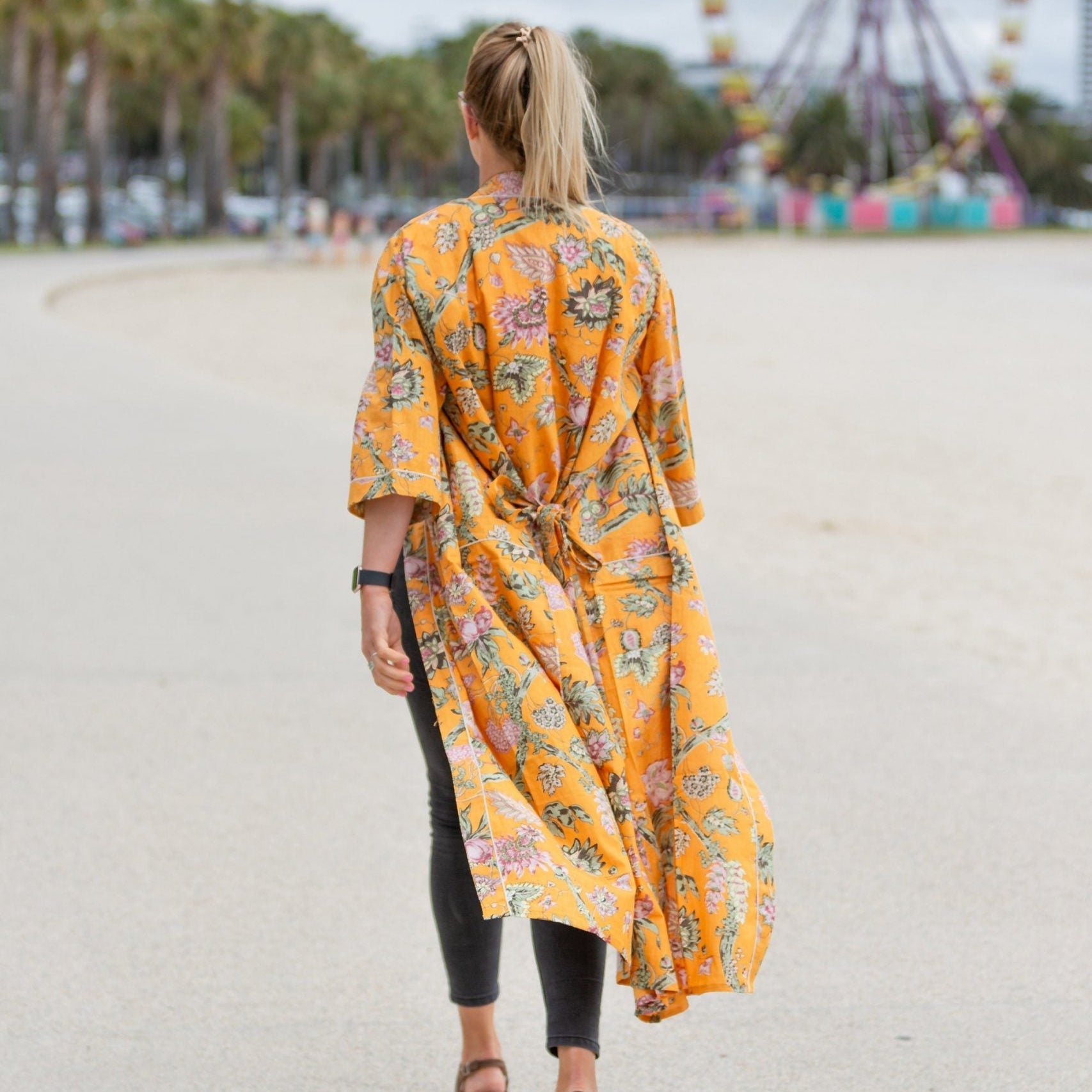 'Mustard Haze' Women’s Cotton Kimono Robe - Unique