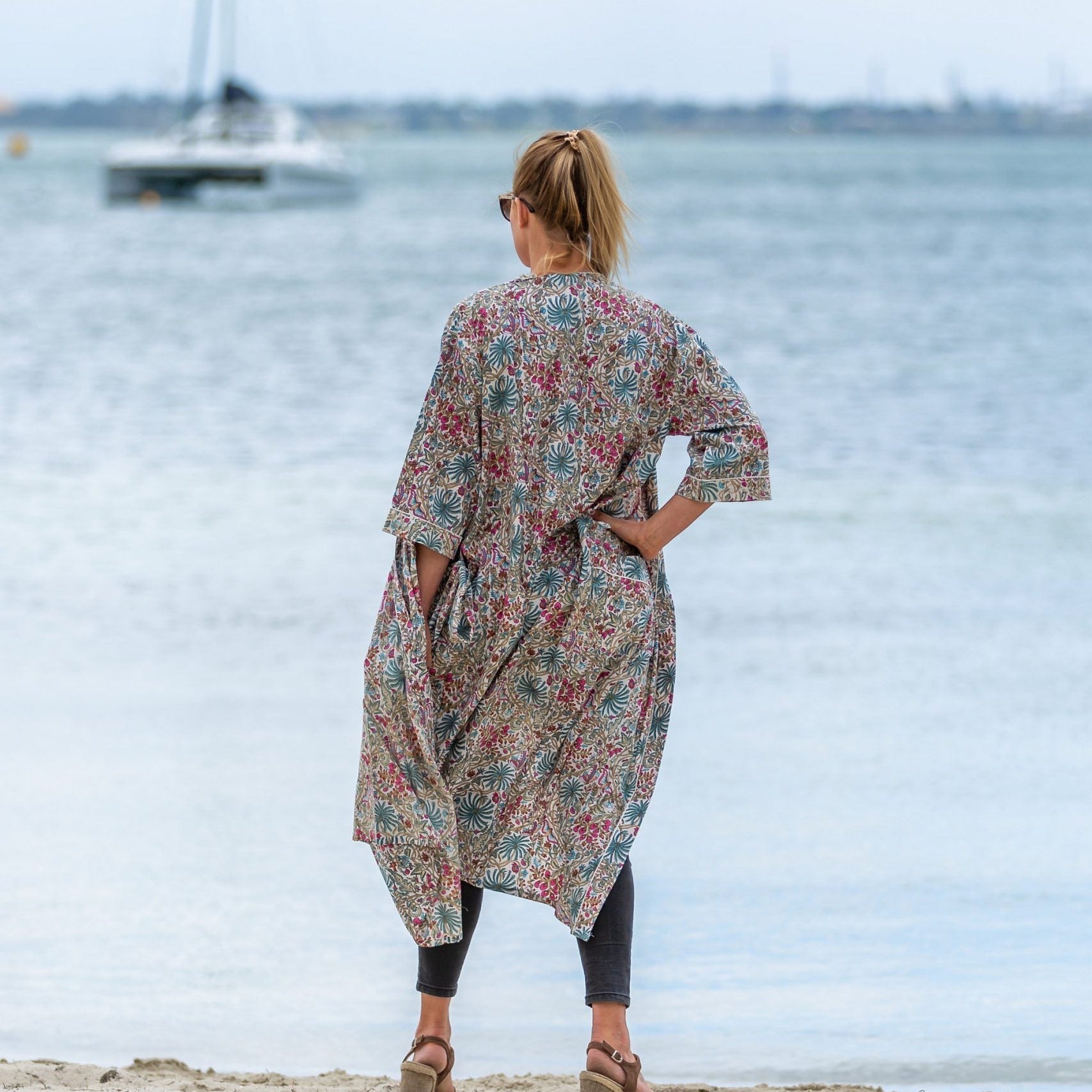 'Mixed Blues' Women’s Cotton Kimono Robe - Bold Print