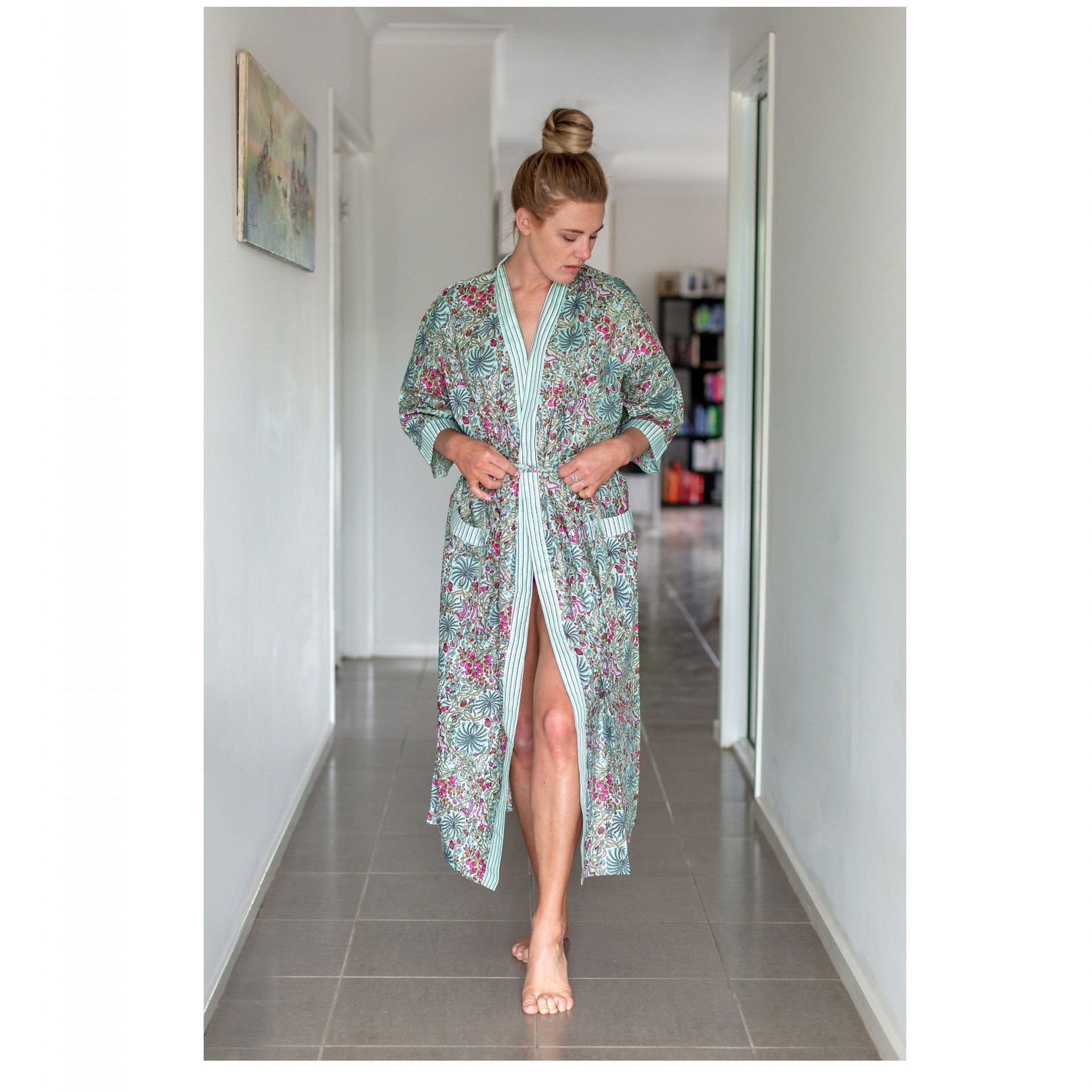 'Verdant Escape' Women’s Cotton Kimono Robe - Fresh