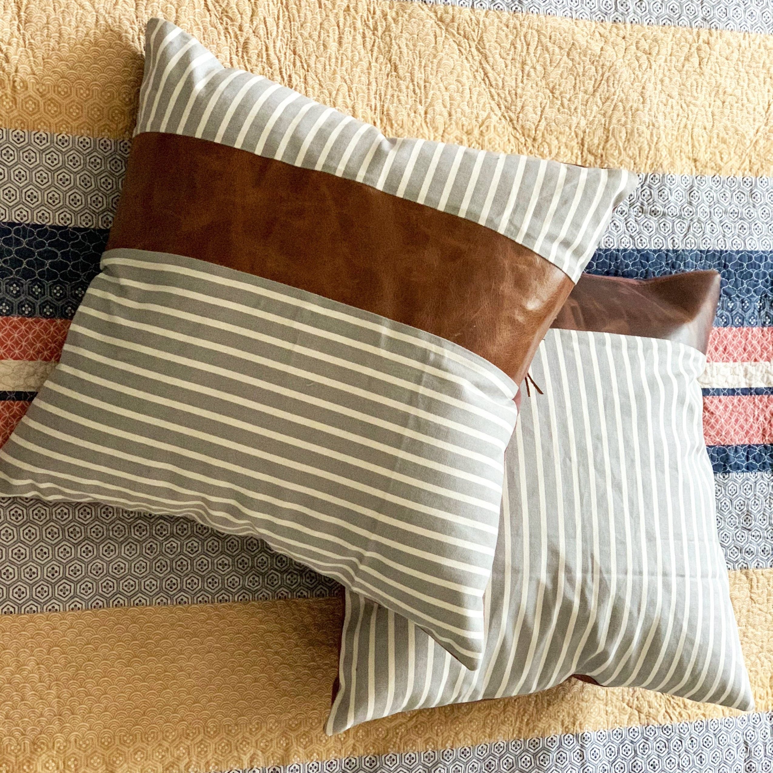 Tan Leather Cushion Grey Lines Design