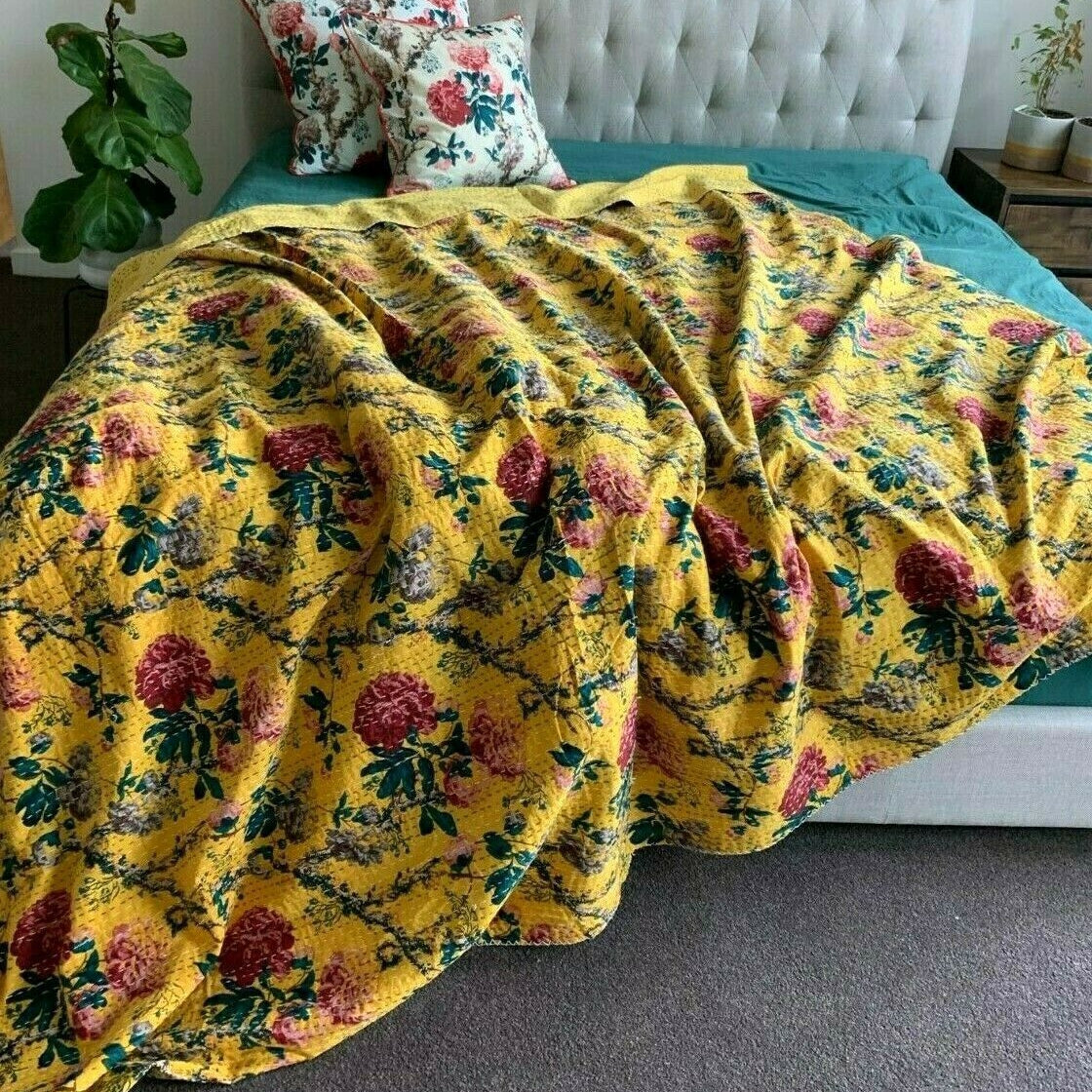 Mustard Rose Vintage Indian Kantha Quilt Bedspread