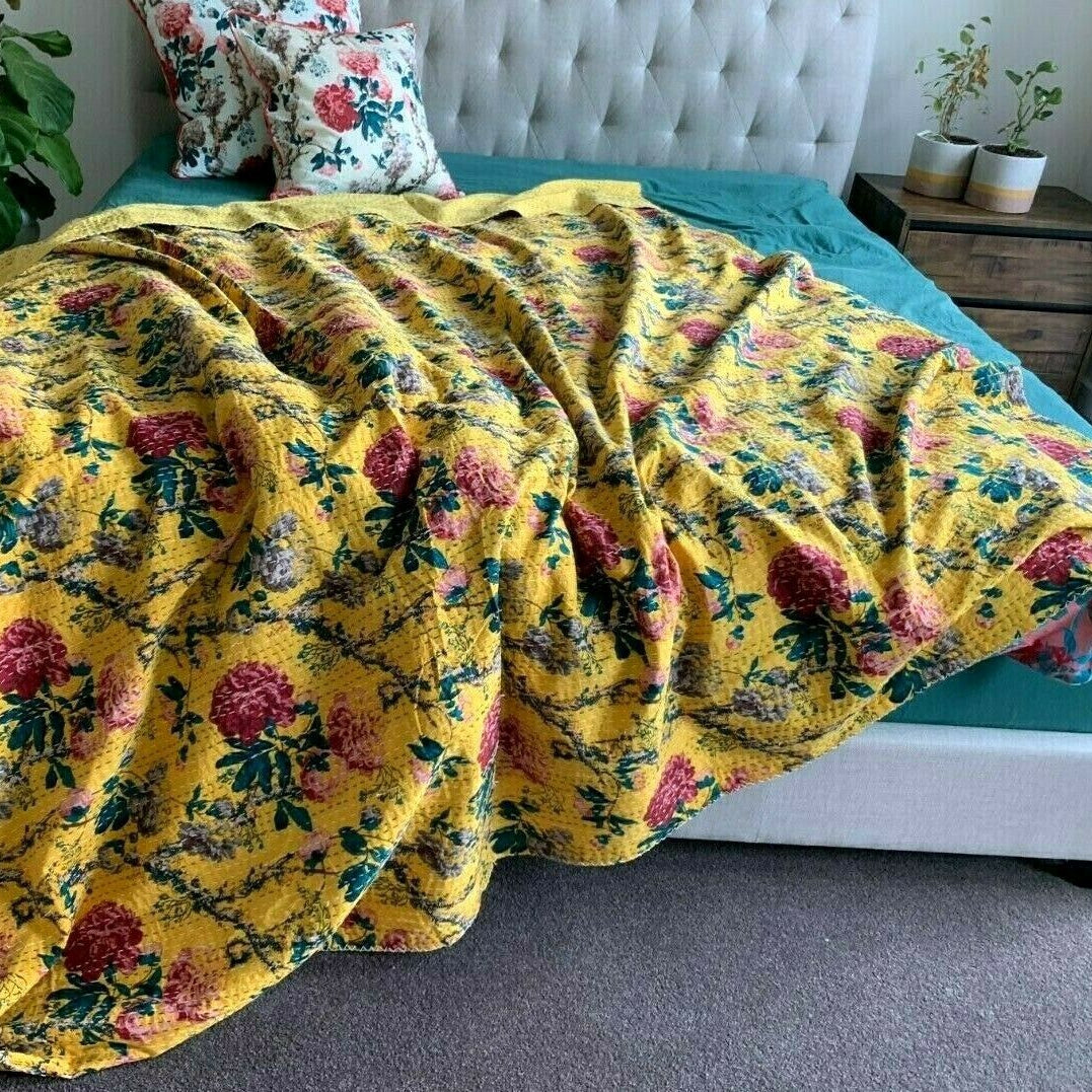 Mustard Rose Vintage Indian Kantha Quilt Bedspread